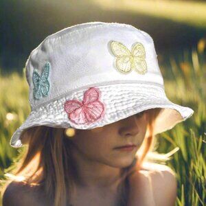 Handmade Kids Upcycled One Of A Kind White Bucket Hat With Colorful Butterflies